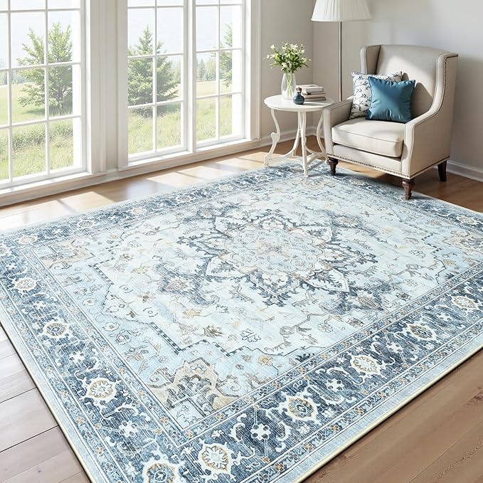 Lofus 6x9 Area Rugs for Living Room, Machine Washable Non-Slip Area Rug, Low Pile Large Rugs for Bedroom, Kitchen, Dining Room, Home Office, Vintage Oriental Print Rug, Blue Gold