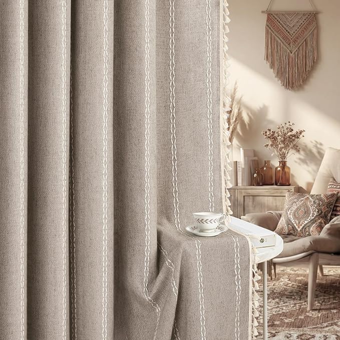 Boho Blackout Curtains 90 Inches Long Brown Linen Blend 2 Panels with Tassels and Cotton Embroidery, Farmhouse Vintage Rustic Rod Pocket Drapes for Living Room or Bedroom