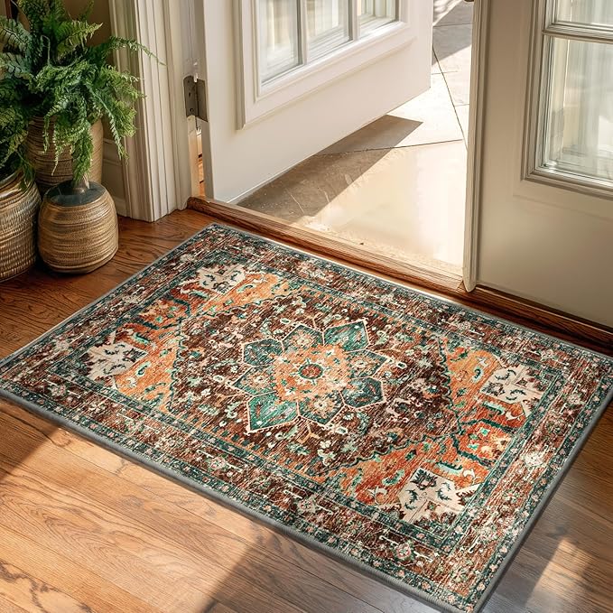 Yamaziot Washable Area Rug, 2x3 Small Entryway Rug Non-Slip Boho Vintage Rug with Rubber Backing, Polyester Soft Distressed Floor Carpet for Indoor Door Mat, Kitchen, Laundry Bathroom