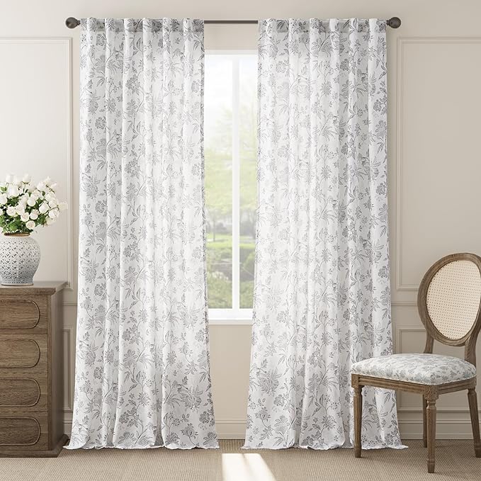 jinchan Linen Floral Curtains for Living Room, 96 Inch Length Curtains with Printed Flower Light Filtering Curtain, Rod Pocket Back Tab Gray Window Curtain Set 2 Panels Light Grey on White
