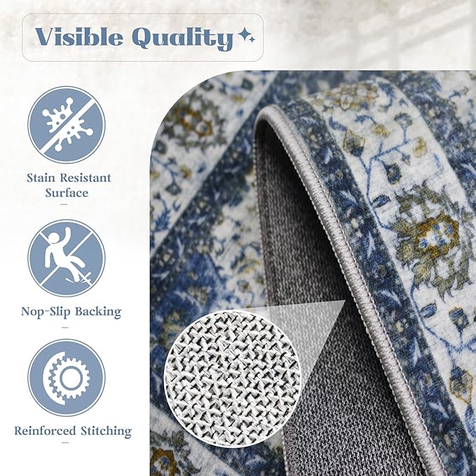 Area Rug 6x9 Washable Rug, Vintage Boho Medallion Rugs Non-Slip Soft Low Pile Large Distressed Rug Indoor Retro Carpet for Living Room Bedroom Dining Room Home Office (Vintage Blue, 6'x9')