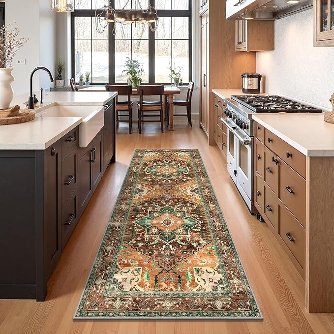 Yamaziot Washable Runner Rug, 3x8 Non-Slip Boho Vintage Hallway Rug with Rubber Backing, Low Pile Faux Wool Distressed Carpet Runner for Bedroom, Kitchen, Laundry, Entrance