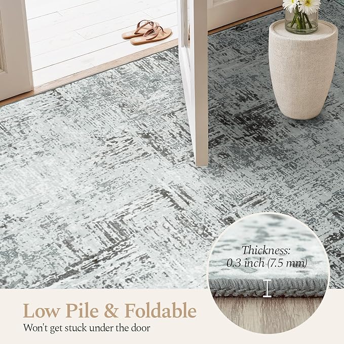 Rugflix 9x12 Washable Area Rugs, Neutral Boho Carpet Living Room Rug Non Slip Stain Resistant, Large Area Rug for Indoor Bedroom Dining Room Office, Blue/Grey