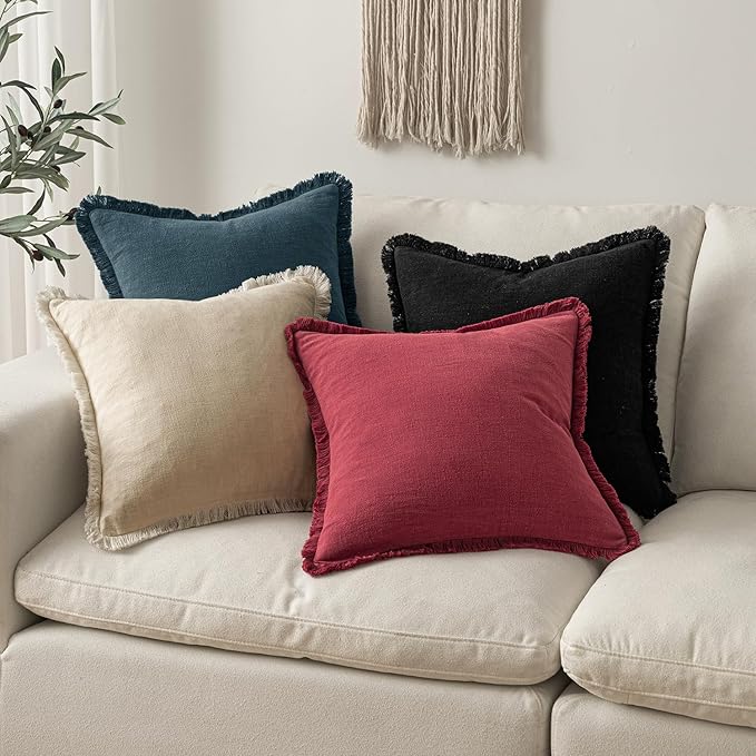 MIULEE Decorative Throw Pillow Covers Neutral Linen Fringe Throw Pillows Euro Shams Set of 2 Burgundy Boho Farmhouse Cushion Covers for Couch Sofa Bed Living Room Home Decor 22x22 Inch