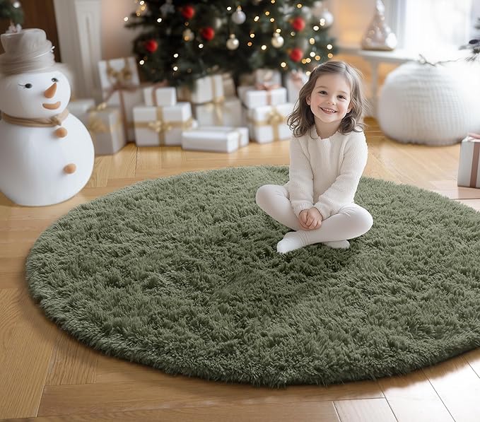 Amdrebio Olive Green Round Rug 5Ft for Living Room Bedroom, Fluffy Shaggy Modern Circle Area Rugs for Kids Room, Soft Plush Fuzzy Shag Carpet for Playroom Office Dorm Nursery Classroom, Home Decor