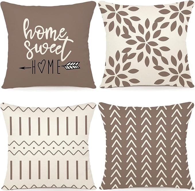 YCOLL Pillow Covers 18x18 Set of 4, Modern Sofa Throw Pillow Cover, Decorative Outdoor Linen Fabric Pillow Case for Couch Bed Car, Khaki