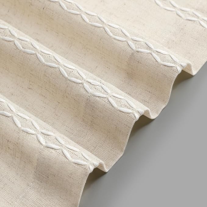 Boho Kitchen Cafe Curtains 25x24 Inch, Beige Linen Blend Embroidered Light Filtering Curtains for Small Kitchen Window, 2 Panels