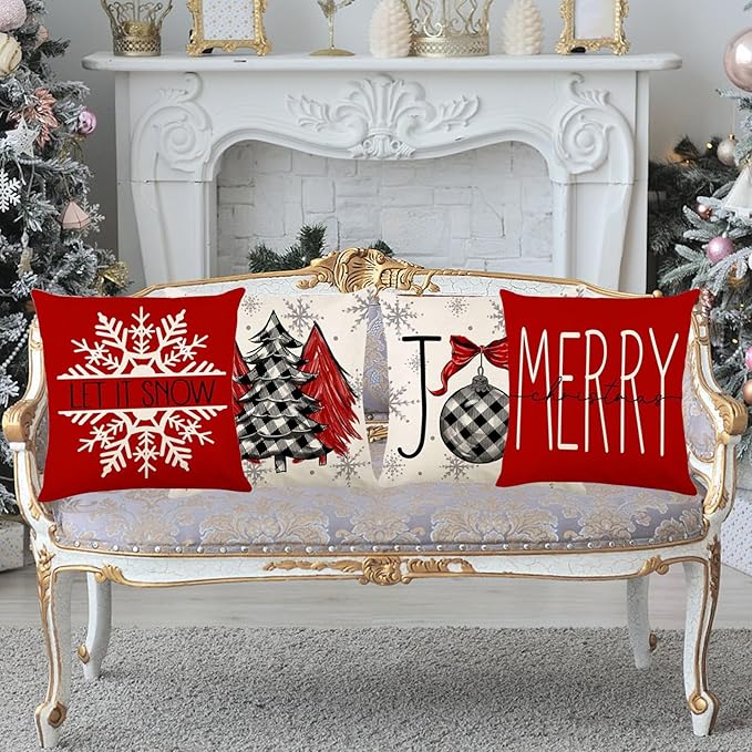 ONFAON Christmas Decorations - Christmas Pillow Covers 18x18 Set of 4,Farmhouse Christmas Throw Pillow Covers Set for Home Bedroom Sofa Couch