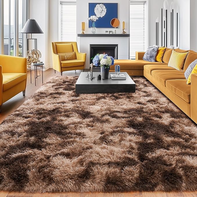 Rugs for Living Room 9x12, Soft Shaggy Modern Shag Area Rug for Bedroom, Upgrade Non-Slip Plush Fluffy Carpet for Kids Boys Girls Room Home Decor Aesthetic, Tie-Dyed Brown