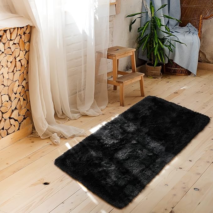 Amearea Shag Fluffy Small Rug, 2x4 Feet Throw Rugs for Bedroom Girls Living Room, Extra Soft and Fuzzy Shaggy Carpet, Non Slip, Solid Color Nursery Home Floor Decor Carpets, Black