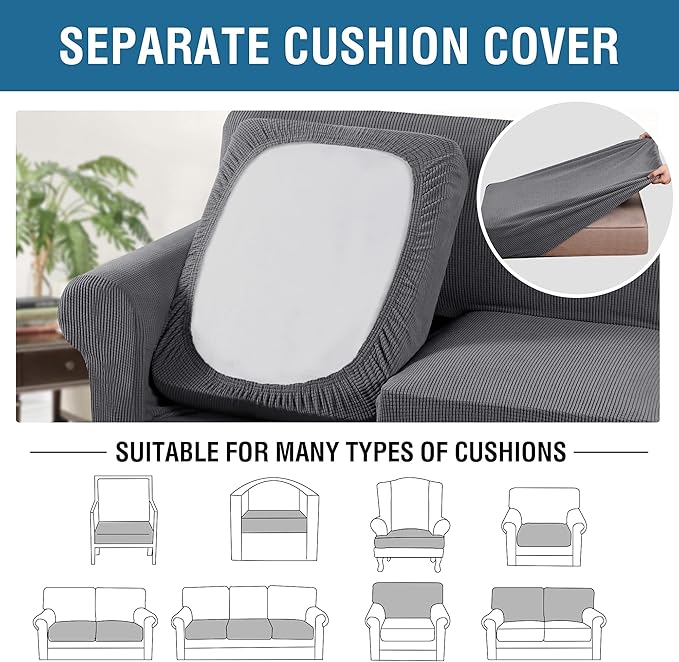 H.VERSAILTEX 3 Piece Stretch Sofa Covers for 2 Cushion Loveseat Couch Covers for Living Room Furniture Cover (Base Cover Plus 2 Seat Cushion Covers) Thicker Jacquard Fabric(Medium Sofa, Grey)