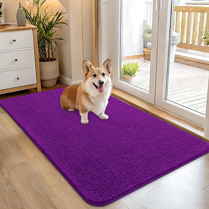 OLANLY Dog Door Mat for Muddy Paws 45x27, Absorbs Moisture and Dirt, Absorbent Non-Slip Washable Doormat, Quick Dry Chenille Mud Mat for Dogs, Entry Indoor Entryway Carpet for Inside Floor, Purple