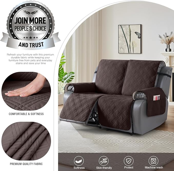 TAOCOCO 100% Waterproof Loveseat Recliner Cover, Non Slip Split Loveseat Covers for Reclining Sofa with Elastic Straps, Washable Recliner Chair/Furniture Protector for Pets(2 Seater, Chocolate)