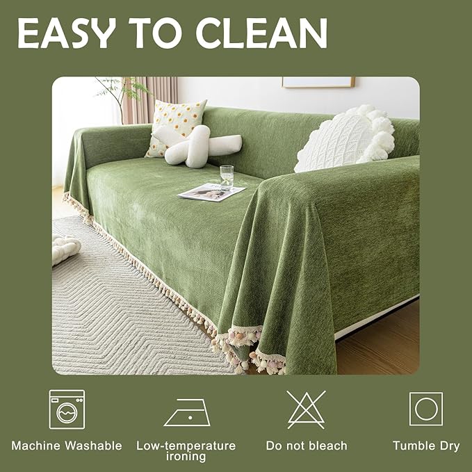 HANDONTIME Green Sofa Cover Vintage Couch Cover for Dogs 91" X118" Couch Cushion Covers with Tassel Herringbone Sofa Cover Boho Sofa Covers for 3 Cushion Couch Chenille Soft Loveseat Sofa Covers