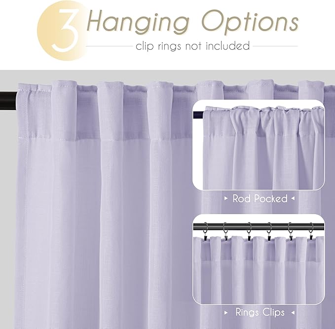 Lavender Linen Curtains Back Tab 108 Inches for Bedroom Living Room 2 Panels Semi Sheer Light Filtering Window Treatment Curtain Modern Elegant Decor Drapes Violet Light Purple 52ﾗ108