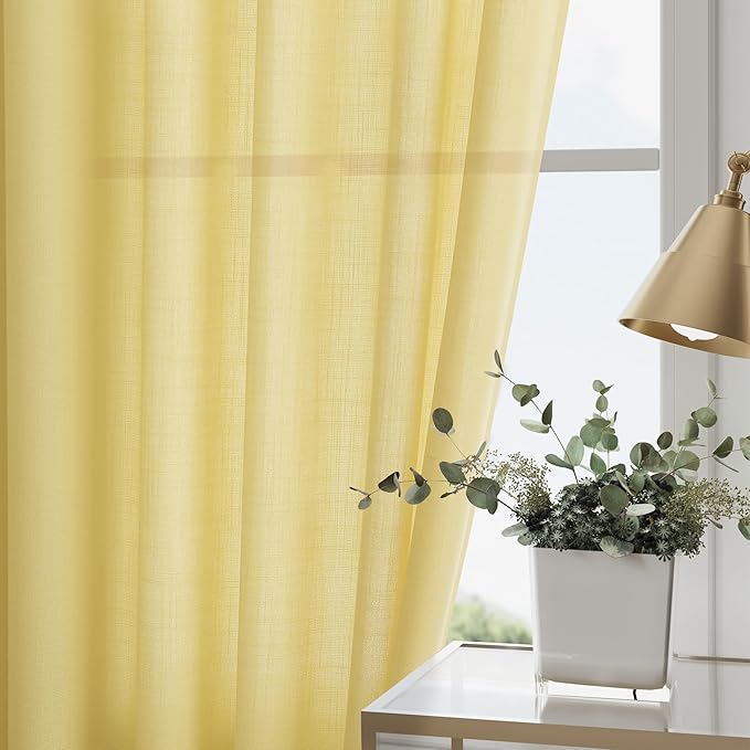 Yellow Linen Semi Sheer Curtains 108 Inches Long 2 Panels Set Back Tab Loop Pocket Linen Blend Boho Decor Large Window Curtain Extra Long Light Filtering Drapes High Ceiling for Living Room 52x108
