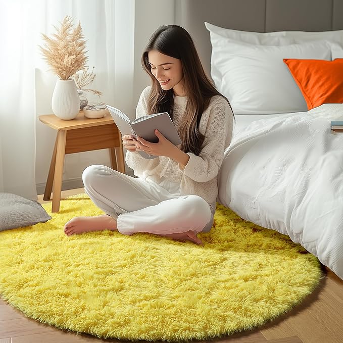 ONASAR Yellow Round Area Rugs 4ft for Bedroom Living Room, Fluffy Circle Rug for Kids Girls Boys Teen, Soft Plush Shaggy Carpet for Nursery Dorm Classroom Playroom Home Decor Aesthetic