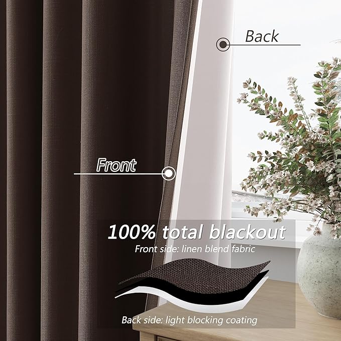 Guken Brown 100% Blackout Curtains 63 Inch Length 2 Panels Set for Living Room Bedroom Back Tab Thermal Insulated Black Out Linen Drapes Room Darkening Window Curtains 52 Inches Width