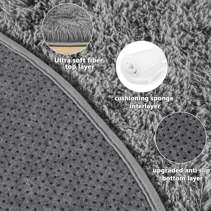 4'x4' Grey Round Rug for Bedroom, Ultra Soft Fluffy Circle Rug for Kids Girls Boys Room, Cute Shag Rugs for Living Room Playroom Teen Room Home Decor Rug