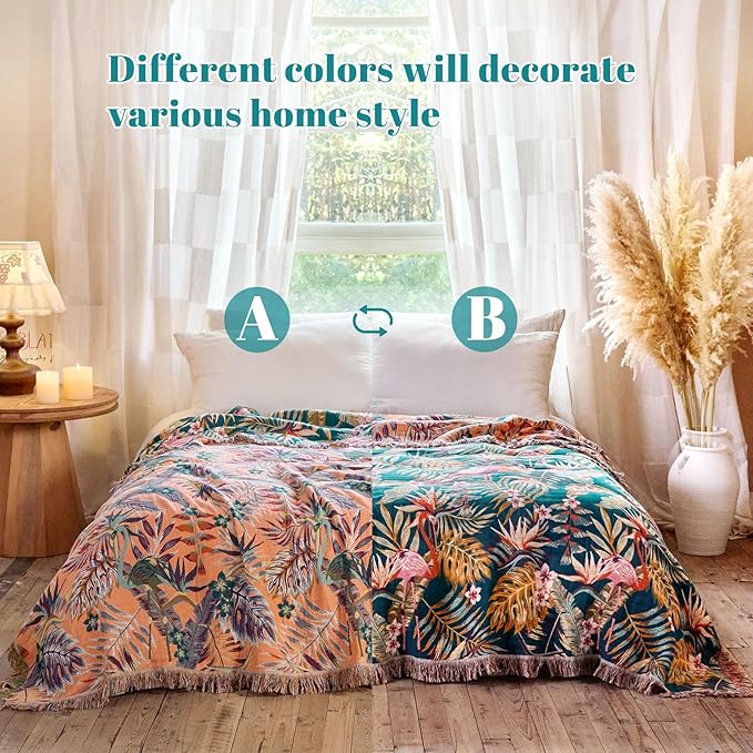 MSGKV Boho Throw Blanket for Couch 50"x60" 100% Cotton Jungle Animal Blanket Spring Breathable Lightweight Blankets for Sofa Home Decor Muslin All Seasons