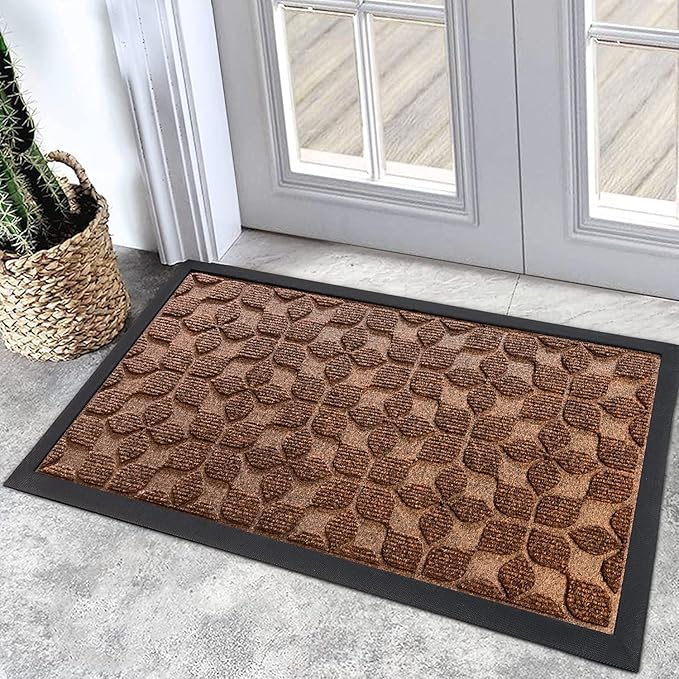 Bulijojo Sturdy Front Entrance Doormats,Durable Heavy Duty Welcome Mat,Thick Absorbent Natural Rubber Non Slip Mat,Easy Clean Entryway Mat Geometric Brown 23"x35"