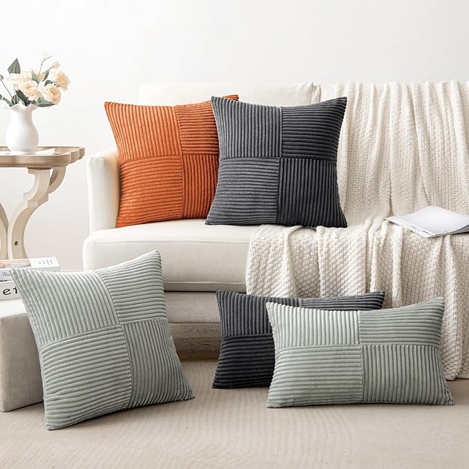 MIULEE Silver Grey Decorative Lumbar Throw Pillow Covers 12x20 Inch for Couch Bed Sofa Pack of 2 Boho Farmhouse Throw Pillows Soft Cross Corduroy Patchwork Textured Cushion Cases