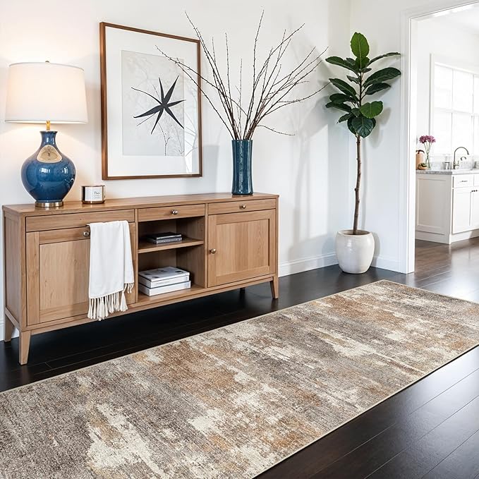 3x6 Washable Kitchen Runner Rug: Modern Abstract Runners for Hallway Soft Non Slip Rugs with Rubber Backing Low Pile Thin Floor Carpet for Entryway Bedroom Bathroom Bedside Indoor(Brown/Brick,3x6)