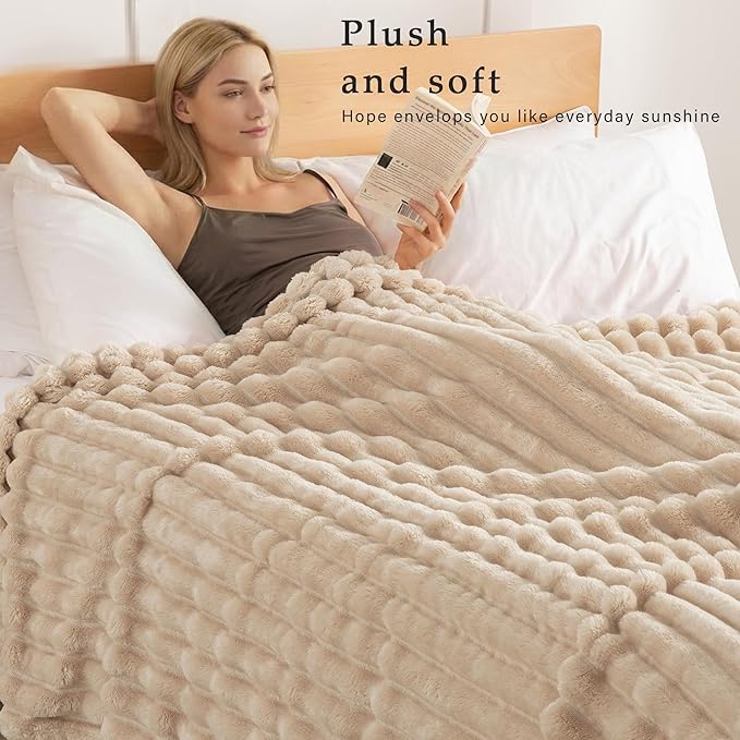 Exclusivo Mezcla Twin Size Flannel Fleece Blanket, Super Soft Striped Jacquard Bed Blanket, Lightweight Fuzzy Cozy for All Seasons, 60x80 Inches, Beige