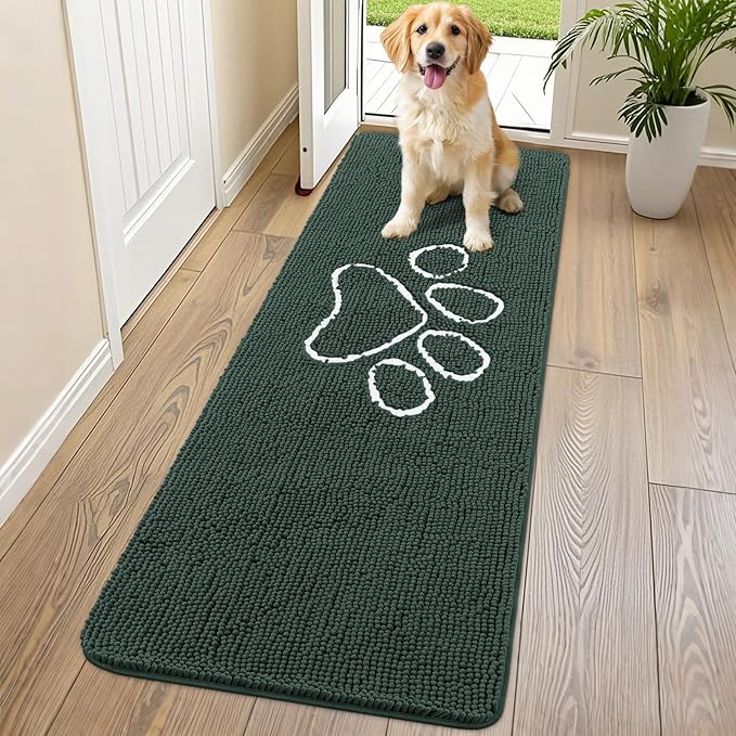 Smiry Dog Door Mat for Muddy Paws, Absorbent Dirt Trapper Non Slip Quick Dry Washable Chenille Mat for Mud Dogs, Entry Rug for Indoor and Outdoor (70x24 Inches, Green and White)