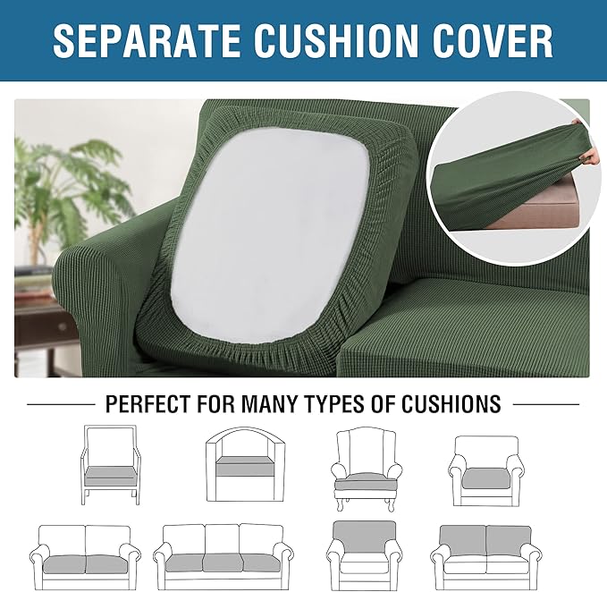 H.VERSAILTEX 4 Piece Stretch Sofa Covers for 3 Cushion Couch Covers for Living Room Furniture Slipcovers (Base Cover Plus 3 Seat Cushion Covers) Upgraded Thicker Jacquard Fabric (Sofa, Bronze Green)
