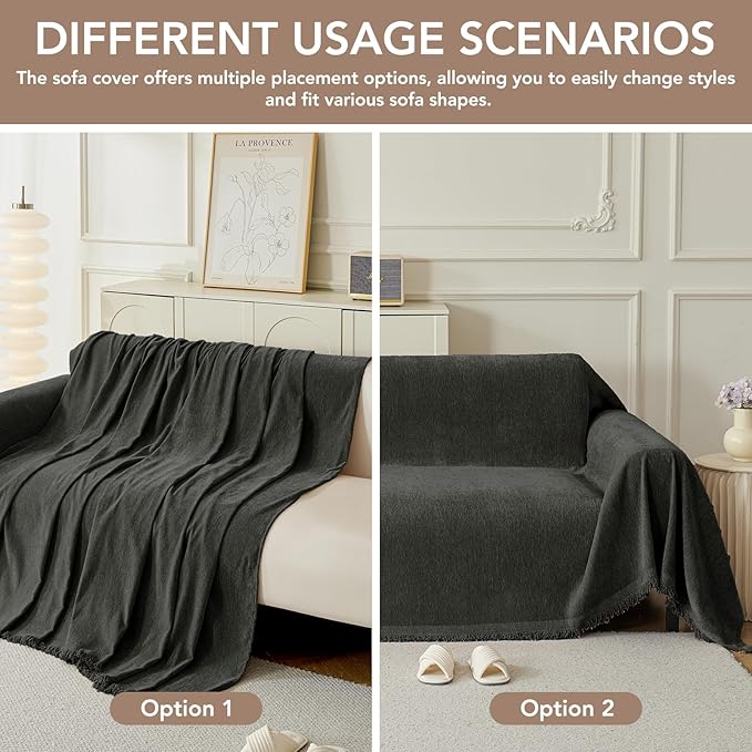 Couch Cover for Dogs, Boho Sofa Covers for 3 Cushion Couch, Chenille Sofa Slipcover for Pets Washable, L-Shape Sectional Couch Cover Soft Throw Blankets with Tassels(91x150,Charcoal Grey)