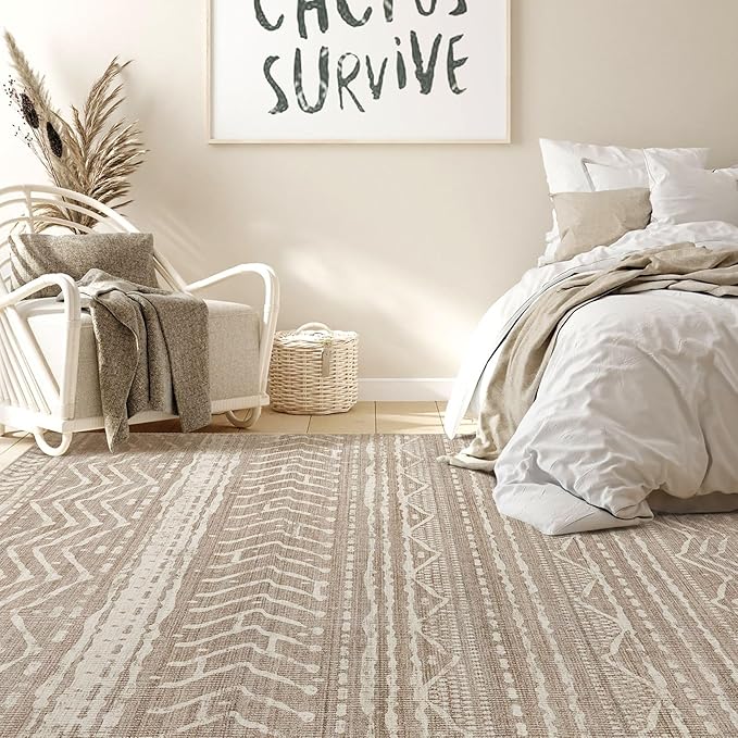 Nakagishi 9x12 Area Rug Living Room: Washable Boho Large Neutral Modern Soft Farmhouse Rugs Stain Resistant Indoor Floor Non-Slip Carpet for Bedroom Nursery Kid Playroom Office Dining Room- Dark Brown