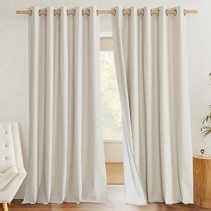 NICETOWN 100% Blackout Natural Linen Curtains 95 inches Length for Dining Room, 2 Panels Set, 62" Wide, Farmhouse Style Room Cooling Window Draperies with Thermal Insulated Liners