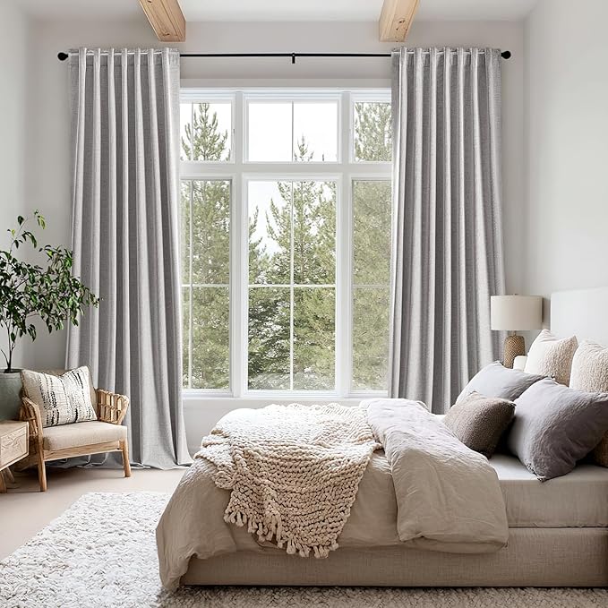MIULEE 100% Blackout Linen Curtains for Bedroom, Greyish White Solid Luxury Decor Thermal Insulation Room Darkening Drapes for Living Room Nursery Back Tab Rod Pocket 42 x 96 Inches, 2 Panels