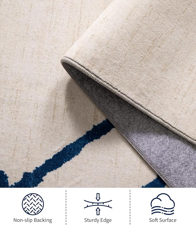 YIHOUSE Boho Rugs for Living Room, 8x10 Western Beige and Blue Area Rug, Moroccan Geometric Soft Low-Pile Washable Rugs for Bedroom, Dining Room