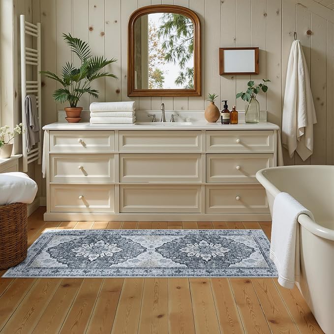 Area Rugs 2'x6' Runner Rug Non Slip Washable for Kitchen Hallway Bedroom Beside Laundry Room Bathroom Rug, Floor Carpet, Light Gray Grey White