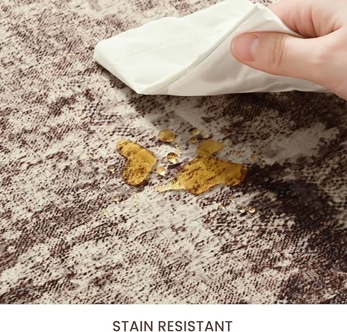 Ompaa Living Room Rug 8x10 Brown Area Rugs Machine Washable Abstract Coffee Boho Large Carpet Non-Slip Non-Shedding Faux Wool Indoor Vintage Rug for Bedroom, Classroom, Dining Room, Kids Playroom