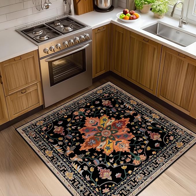 Area Rugs Square 4ft Washable Non-Slip, Floral Vintage Distress Print Pattern Medallion Carpet for Living Room Bedroom Dining Room, Black Colorful Floral Dark Tan
