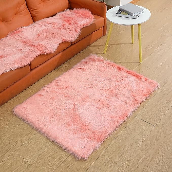 linmopm Faux Fur Rug Sheepskin Shag Fluffy Fuzzy Pink 3x4 ft Rugs for Bedroom Bedside Bed Floor Living Room Plush Rectangle High-Density Cushion Carpet Super Sofa Cover