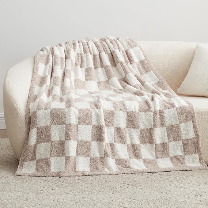 EXQ Home Checkered Throw Blanket, Knitted Blanket with Checkerboard Grid Pattern, Soft Cozy Fluffy Blankets for Couch Bed Sofa, Warm Fuzzy Plaid Blanket for All Seasons (Taupe, 50"×60")