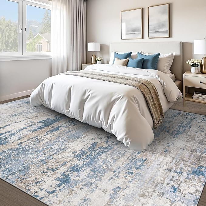 pmtsns Area Rugs 10x14 Living Room: Washable Rug Modern Abstract Neutral Soft Non-Slip Low-Pile Indoor Large Carpet for Bedroom Dining Room Playroom Home Office (Light Blue Brown, 10'x14')