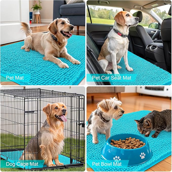 OLANLY Dog Door Mat for Muddy Paws 47x20, Absorbs Moisture and Dirt, Absorbent Non-Slip Washable Doormat, Quick Dry Chenille Mud Mat for Dogs, Entry Indoor Entryway Carpet for Inside Floor, Aqua Blue