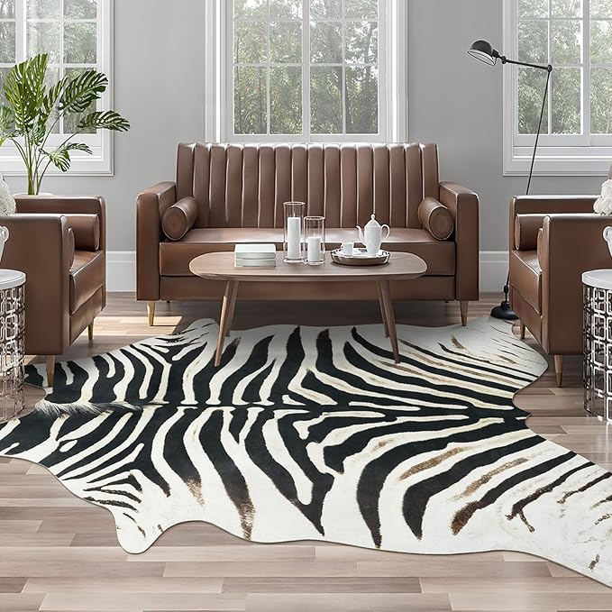 AROGAN Western Faux Fur Zebra Rug, 8 x 10 Feet Premium Animal Skin Print Rug, Sturdy Faux Zebra Hide Rugs for Wall Decor, Western Floor Carpet for Bedroom Living Room, Black