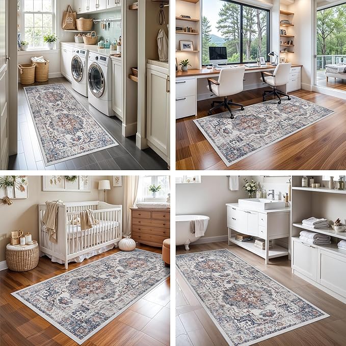 Hallway Washable Runner Rug - 2x6 Kitchen Rugs Entryway Rug Runner Vintage Soft Floor Mat Non Slip Indoor Farmhouse Carpet for Bathroom Living Room Bedroom (2 X 6, Brick)