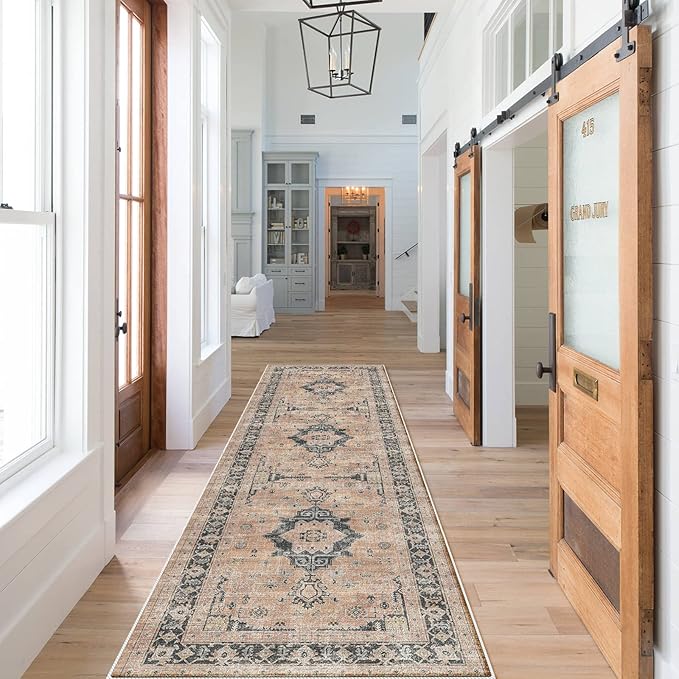 Hallway Washable Runner Rug - 2x7 Kitchen Rugs Entryway Rug Runner Vintage Soft Floor Mat Non Slip Indoor Farmhouse Carpet for Bathroom Living Room Bedroom (2 X 7, Orange)