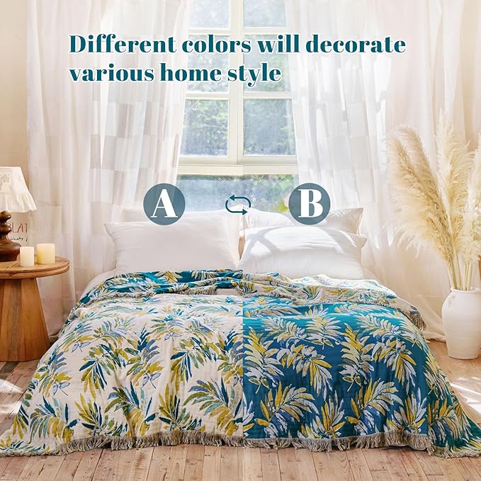 MSGKV Boho Throw Blanket for Bed Cotton 60"x80" Leaves Blanket Twin Size Couch All Seasons Muslin Spring Breathable Lightweight Farmhouse Blankets