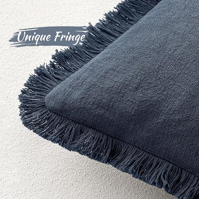 MIULEE Decorative Throw Pillow Covers Neutral Linen Fringe Throw Pillows Set of 2 Indigo Blue Boho Farmhouse Cushion Covers Coastal Decor for Couch Sofa Bed Living Room Spring Decor 26x26 Inch