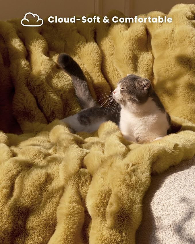 Ultra Soft Cozy Faux Fur Throw Blanket, Fuzzy Plush Thick Bubble Blanket, Oversize Luxury Fluffy Blanket for Couch, Bed, and Living Room, 60x80 Inches, Dark Yellow