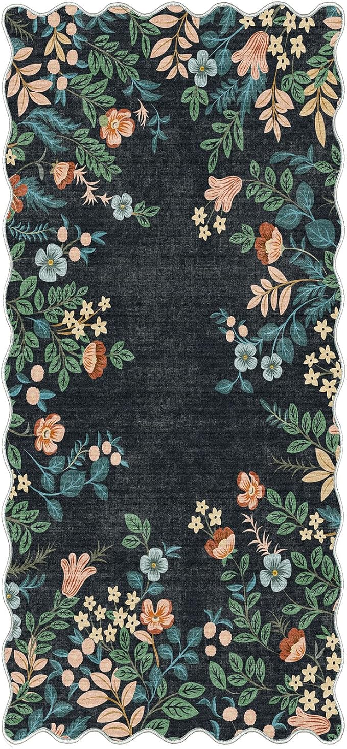 Front Door Mat Indoor Entrance - 2x4.3 Ft Black Floral Washable Layered Doormat Outdoor Entrance Porch Rug Non-Slip Boho Runner Rug for Kitchen Hallway Bedroom Laundry Room Porch Decor