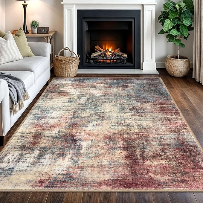 IOHOUZE Abstract Area Rugs 5x7 Ft Washable Rugs for Living Room, Non Slip Dining Room Rug, Printed Faux Wool Rugs for Bedroom, Floor Carpet for Kitchen Nursery Playroom, Red/Multi